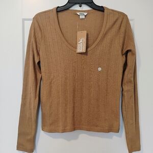 NWT L Eddie Bauer Perfect Pointelle Long Sleeve Scoop Neck Top Camel Tan NEW